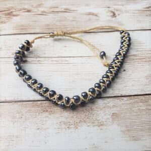 Vintage Bracelet Unusual Corded, Woven In Metallic Blue Beads